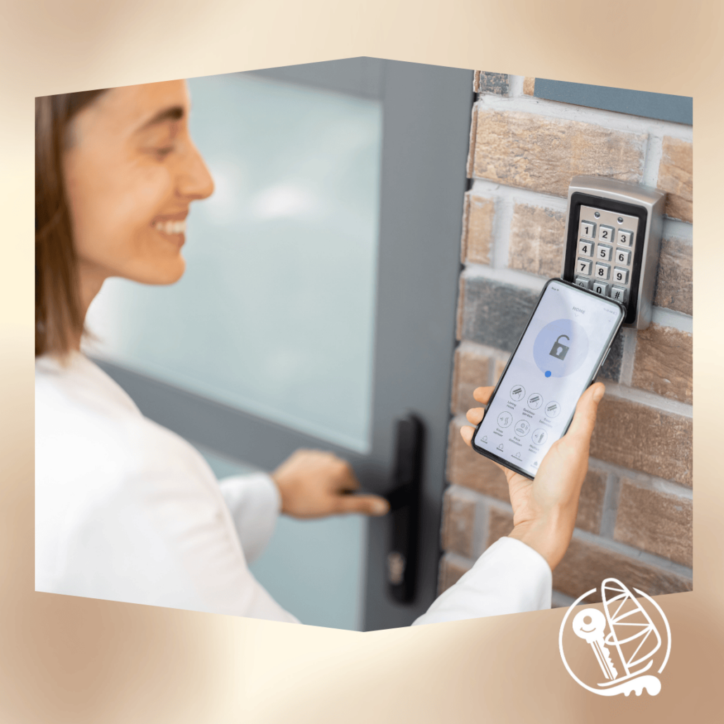 Cerradura inteligente controlada por un smartphone, representando el futuro de la seguridad del hogar.